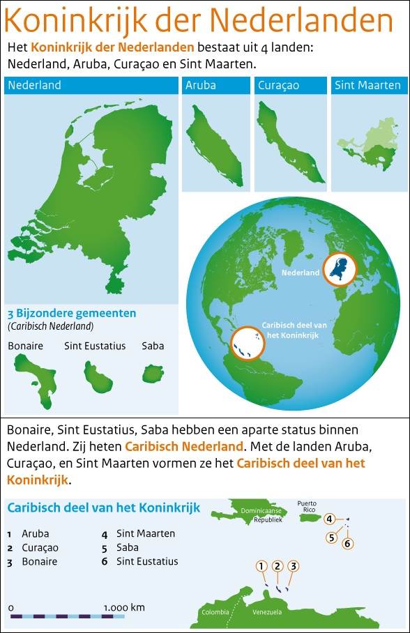 De 4 landen van het Koninkrijk der Nederlanden: Nederland, Aruba, Curaçao en Sint Maarten.
