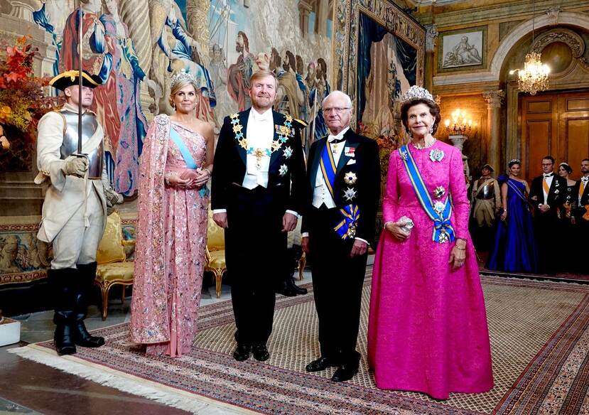 Koning Willem-Alexander, Koningin Máxima, Koning Carl XVI Gustaf en Koningin Silvia bij het staatsbanket in het Koninklijk Paleis