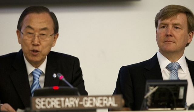 Prins van Oranje en SG Ban Ki-moon bij VN bijeenkomst over watergerelateerde rampen.