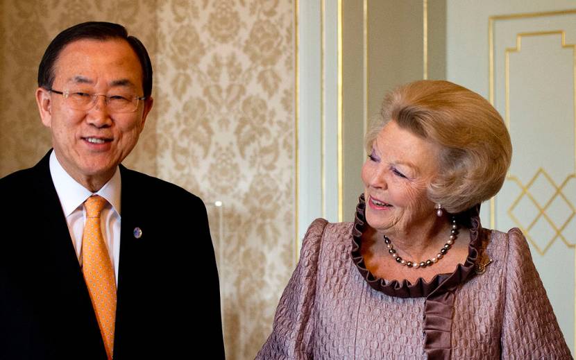 Koningin en minister-president Rutte ontvangen Secretaris-Generaal Ban Ki-moon van de Verenigde Naties.
