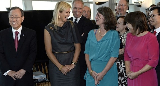 Koningin Máxima en secretaris-generaal van de Verenigde Naties Ban Ki-moon openen vernieuwde Delegates’ Lounge in hoofdkwartier Verenigde Naties.
