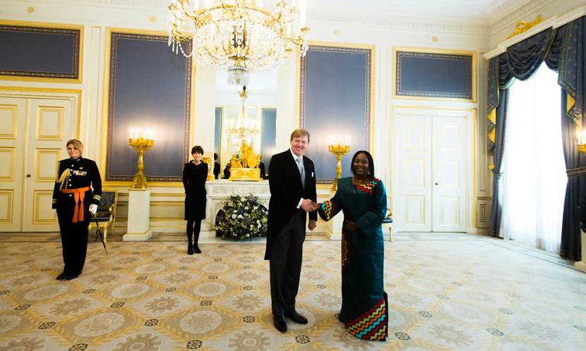 Koning Willem-Alexander en de ambassadeur van de Republiek Gambia, H.E. mevrouw Teneng Mba Jaiteh,