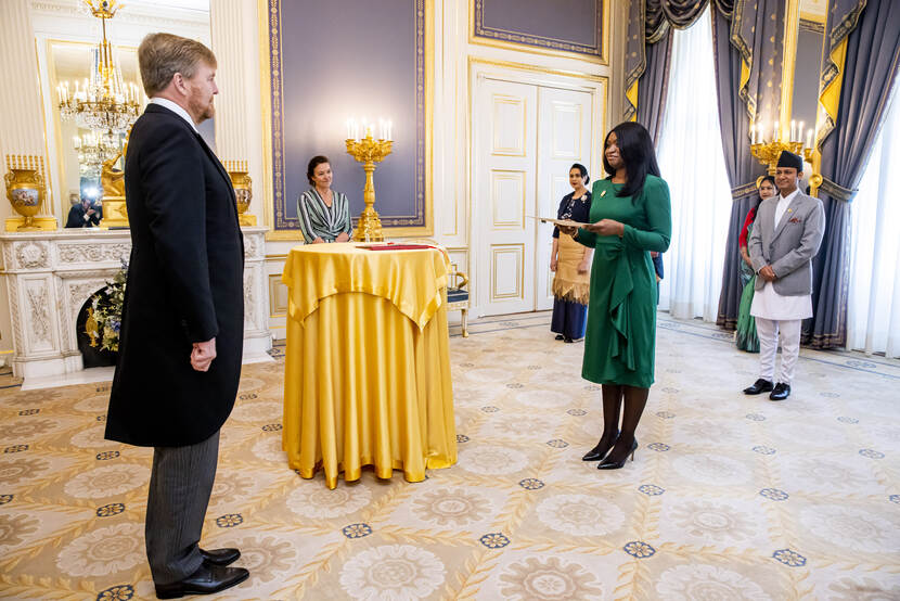 Koning Willem-Alexander ontvangt de geloofsbrieven van de ambassadeur van de Republiek Namibië, H.E. dr. Mekondjo Kaapanda-Girnus.