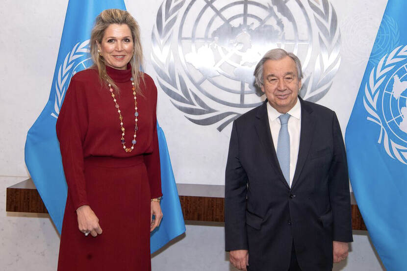 Koningin Máxima heeft een ontmoeting met de secretaris-generaal van de Verenigde Naties, António Guterres