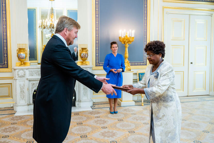 De ambassadeur van de Republiek Malawi, H.E. Naomi Aretha Ngwira, overhandigt haar geloofsbrieven aan de Koning.