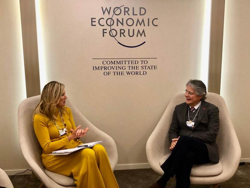 Koningin Máxima en president van Ecuador Guillermo Lasso Mendoza bij World Economic Forum in Davos 2023