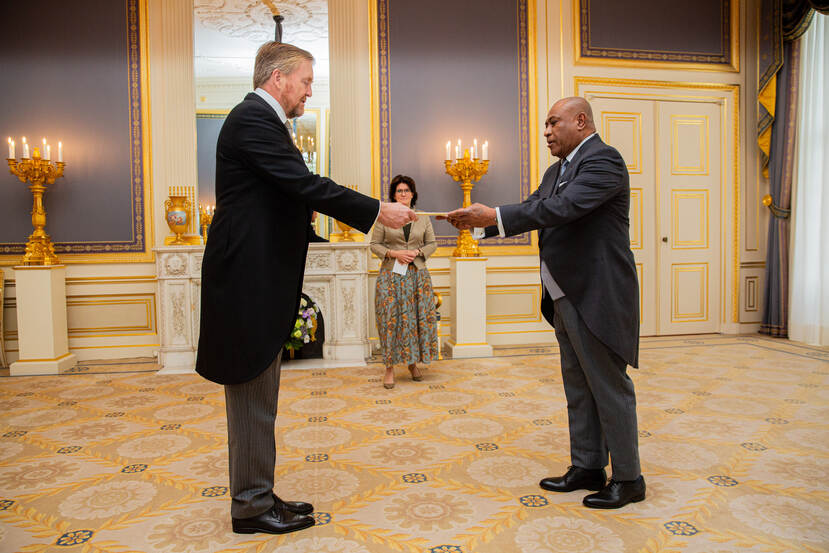 De ambassadeur van Papoea-Nieuw-Guinea, overhandigt zijn geloofsbrieven aan de Koning