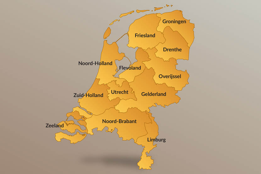 Kaart van Nederland met 12 provincies.