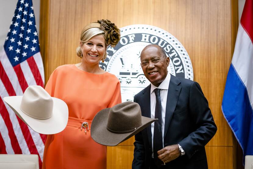 Koningin Máxima en burgemeester Sylvester Turner van Houston in de Verenigde Staten