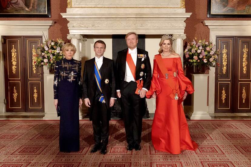 Koning Willem-Alexander, Koningin Máxima, president Macron en Brigitte Macron bij staatsbanket