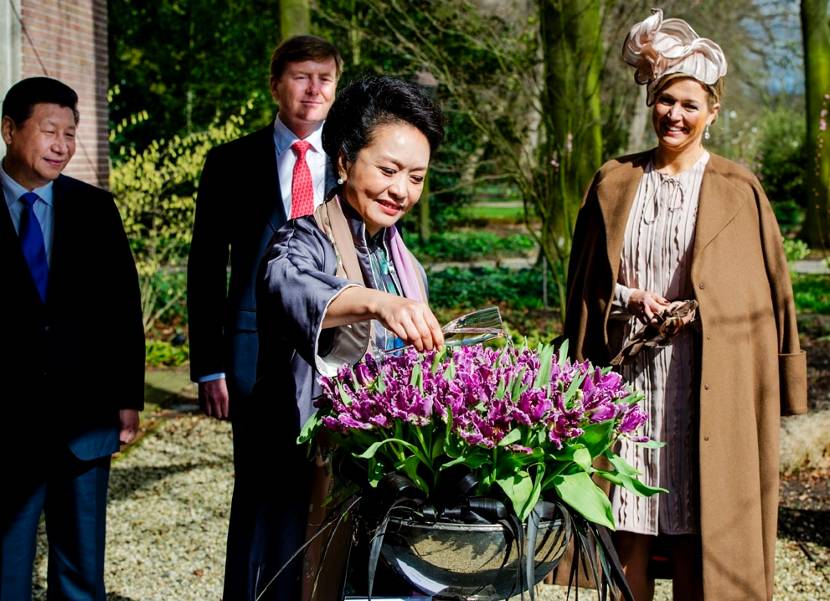 Mevrouw Peng Liyuan doopt – in aanwezigheid van haar echtgenoot de president van China Xi Jinpin, Koning Willem-Alexander en Koningin Máxima - een speciale tulp in de Keukenhof