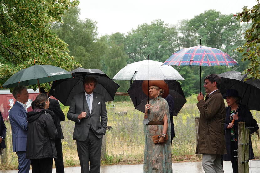 Koning Willem-Alexander en Koningin Máxima in gesprek. Zij houden paraplu's omhoog.