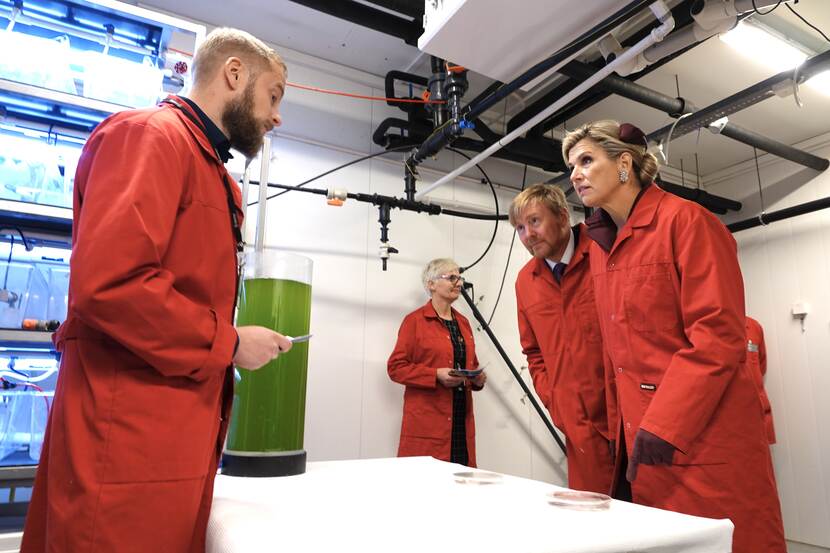 Koning Willem-Alexander en Koningin Máxima krijgen een rondleiding door het Norwegian Centre voor Plankton Technology laboratorium.